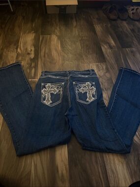 Women’s Dark Blue Boot Cut Jeans with Embellished Cross Pockets